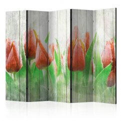 Paraván - Červené tulipány na dřevě II