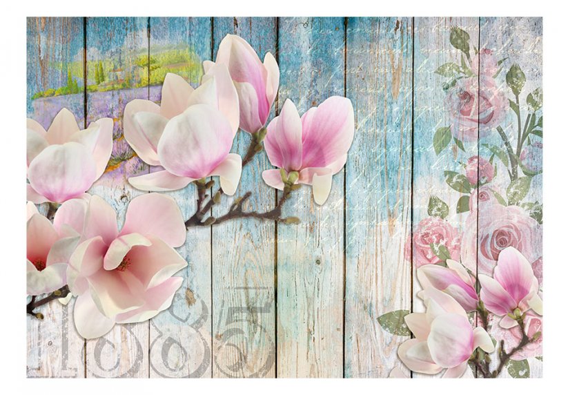 Fototapeta - Růžové květiny na dřevě